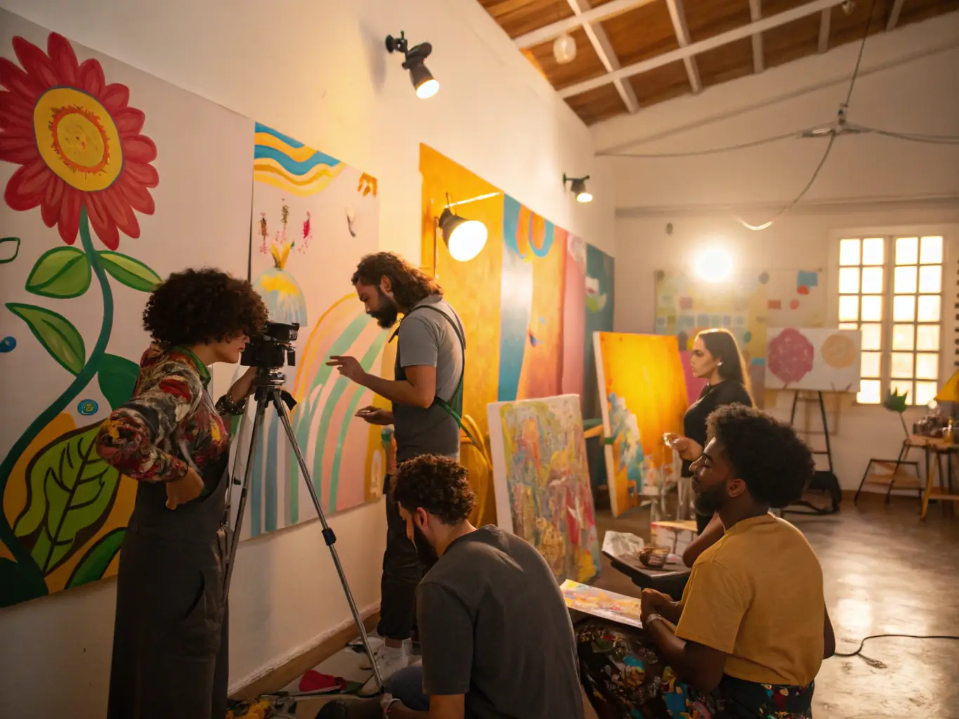 A dynamic image featuring artists in residence at LA MUTANTE-Tiers Lieu, working on their projects in a shared studio space, with various art installations and equipment visible.