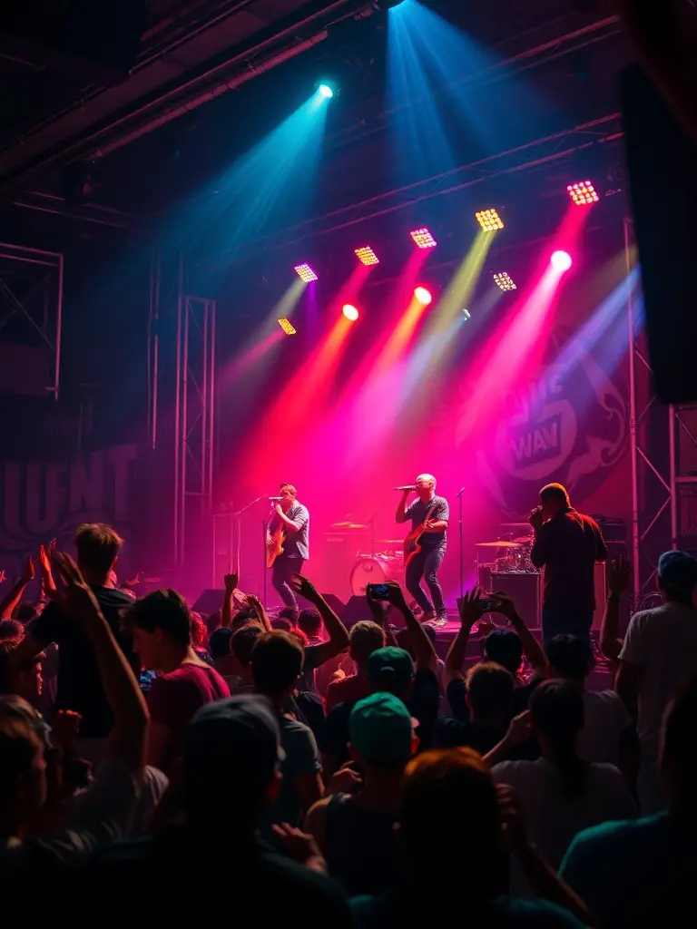 A vibrant photograph capturing a live music performance at La Mutante, showcasing a band on stage with colorful lighting and an enthusiastic audience.