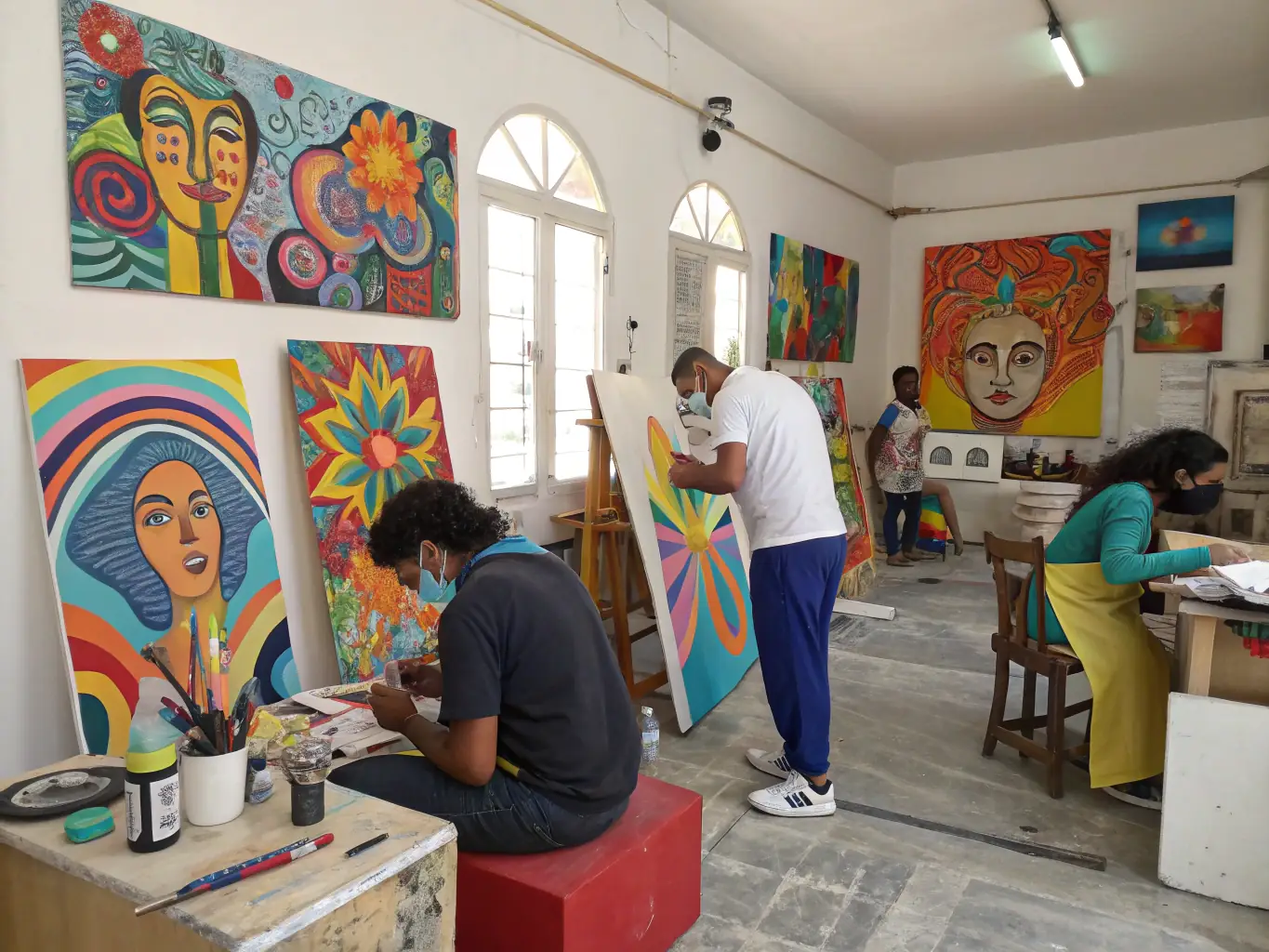 A vibrant image showcasing participants engaged in a collaborative art workshop at LA MUTANTE-Tiers Lieu, with colorful artwork and creative tools visible in the background.