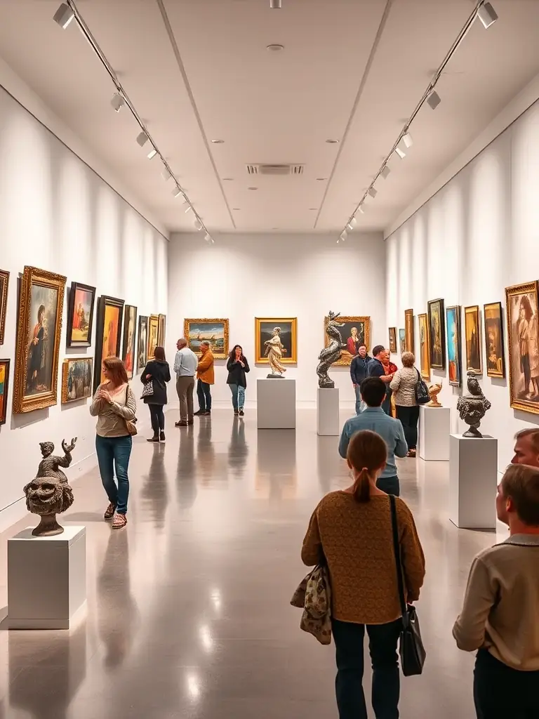 A visually appealing image of an art exhibition at La Mutante, featuring a variety of artworks and visitors appreciating the displayed pieces.
