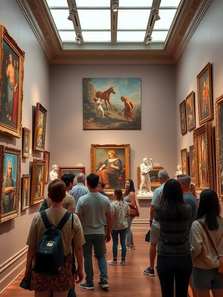 An engaging image of an art exhibition at La Mutante, featuring various artworks, sculptures, and installations, with visitors appreciating the art.